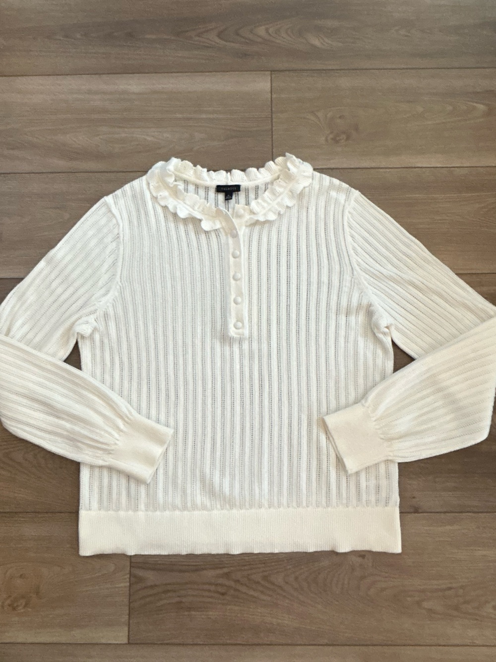 Talbots Ivory Ruffle Henley Pointelle Knit Sweater Medium